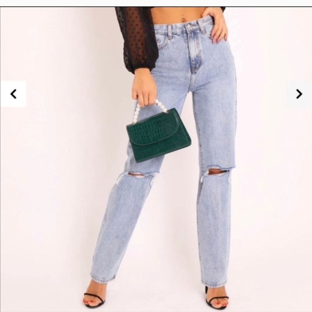 Rebellious Mid Wash Distressed Knee High-rise Denim Blue Jeans Y2K Preppy